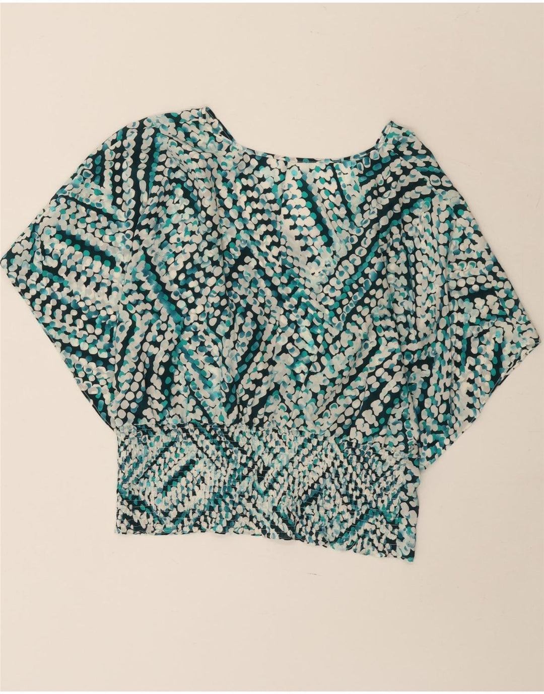 Top camicetta a pipistrello da donna vintage UK 14 blu medio geometrico