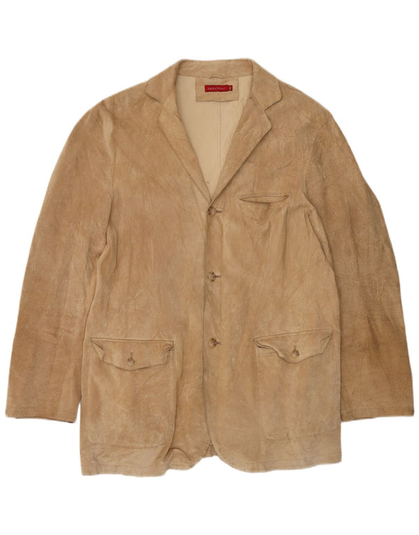 Giacca blazer in pelle scamosciata da uomo a 3 bottoni VINTAGE UK 44 2XL Pelle beige