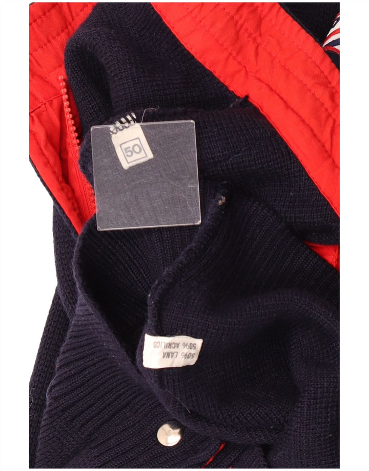 Maglione cardigan da uomo vintage IT 50 lana color block medio blu navy