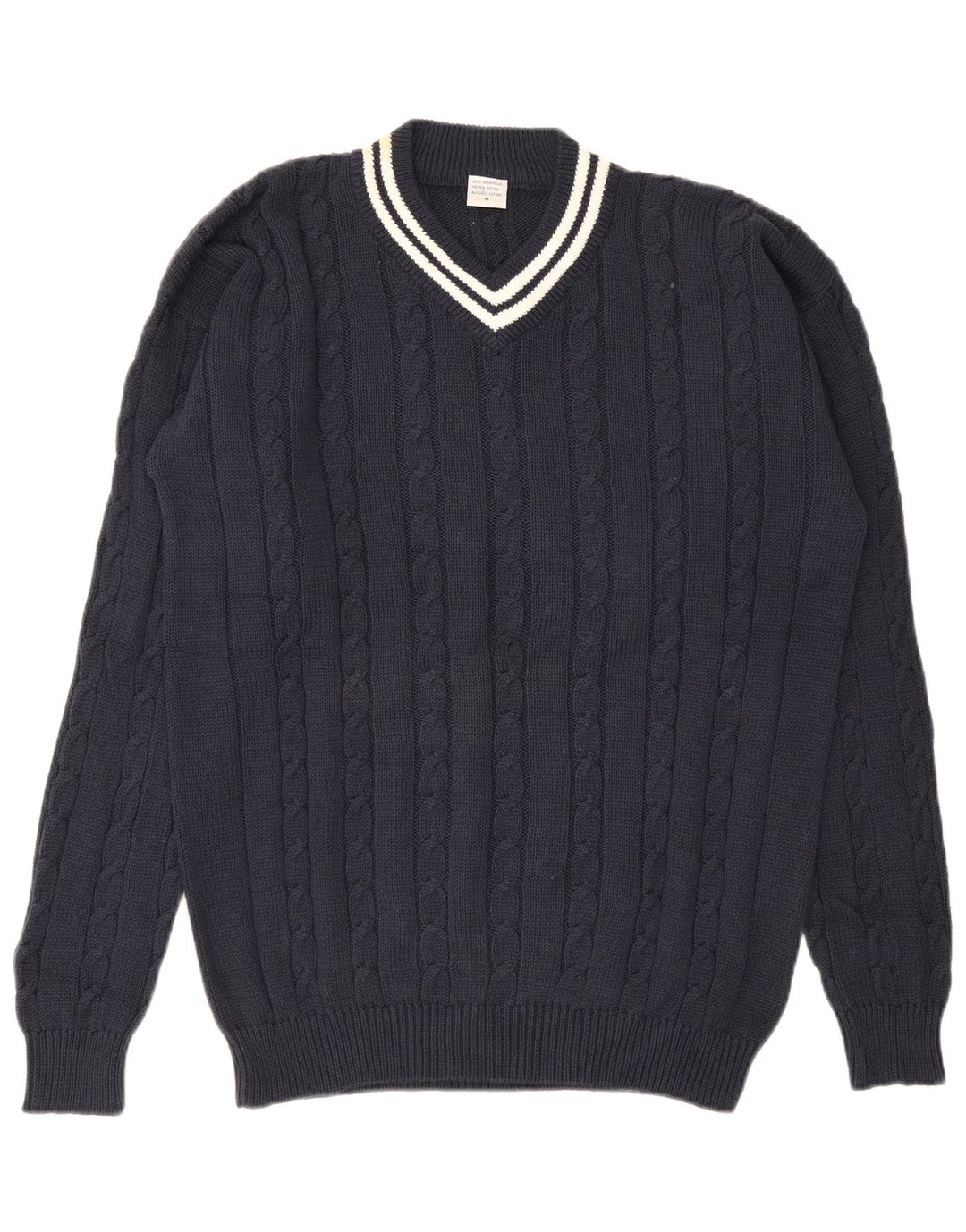 Maglione vintage da uomo con scollo a V in cotone medio blu navy