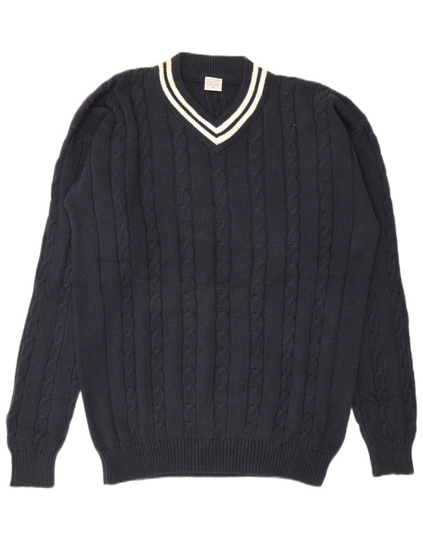 Maglione vintage da uomo con scollo a V in cotone medio blu navy