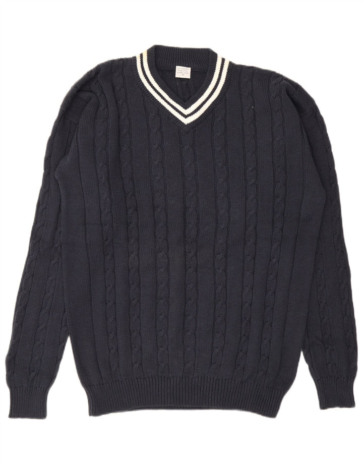 Maglione vintage da uomo con scollo a V in cotone medio blu navy