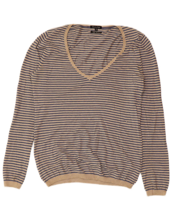 MASSIMO DUTTI Maglione da donna con scollo a V UK 18 XL Cashmere a righe blu