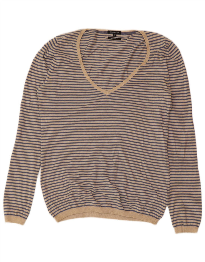 MASSIMO DUTTI Maglione da donna con scollo a V UK 18 XL Cashmere a righe blu
