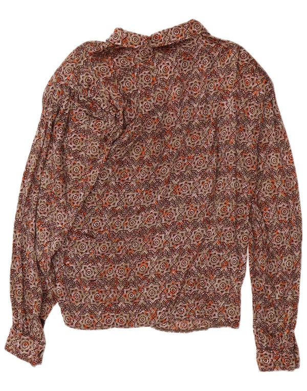 Camicetta camicia doppiopetto vintage da donna UK 16 grande marrone geometrica