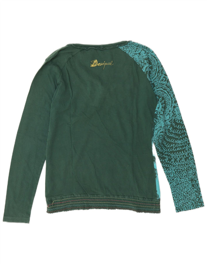 Desigual Donna Graphic Top Manica Lunga UK 14 Verde Medio Floreale