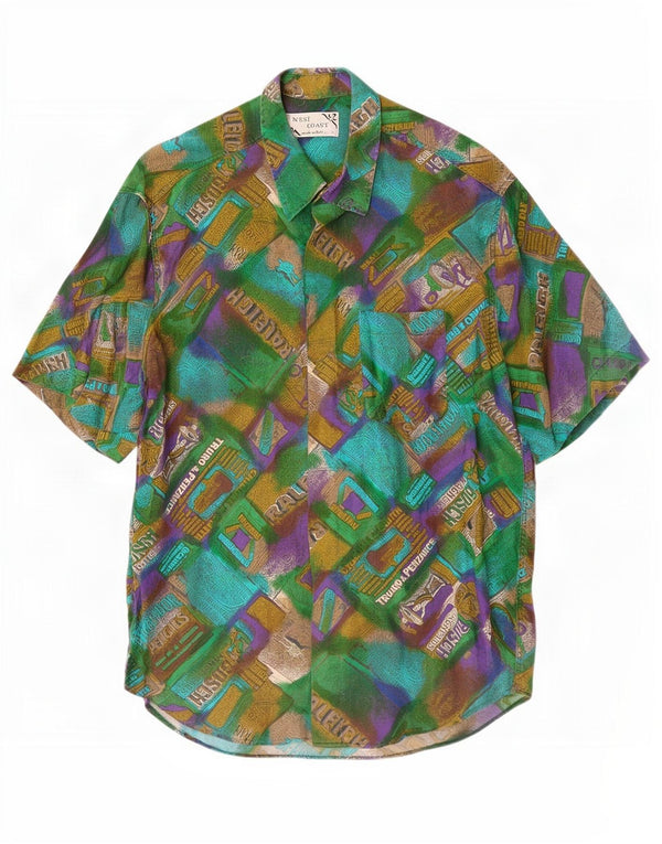 Camicia a maniche corte grafica da uomo della West Coast XL verde patchwork in viscosa