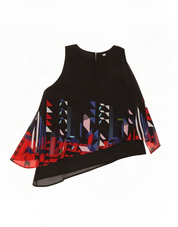 Desigual Donna Camicetta Asimmetrica Top UK 14 Grande Poliestere Nero Geometrico