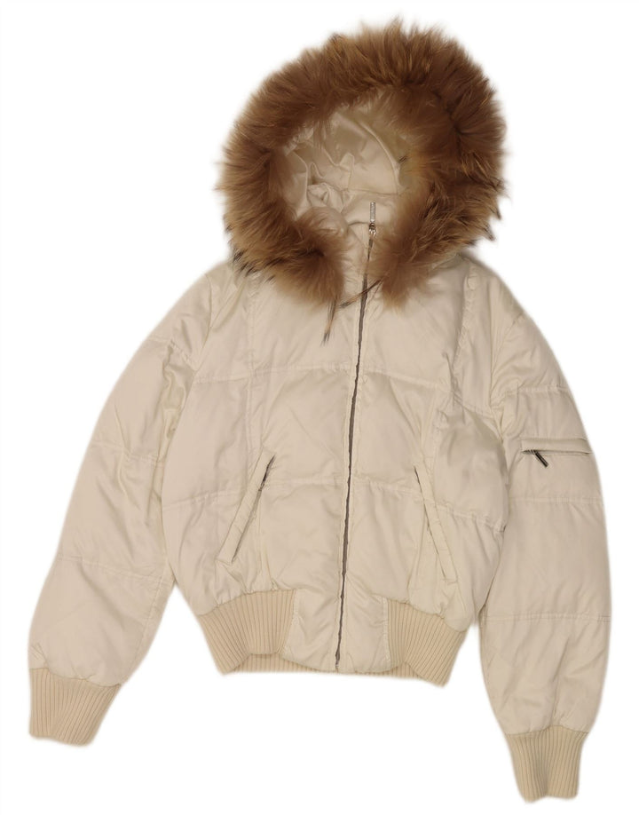 Giacca imbottita con cappuccio da donna vintage UK 14 nylon bianco medio