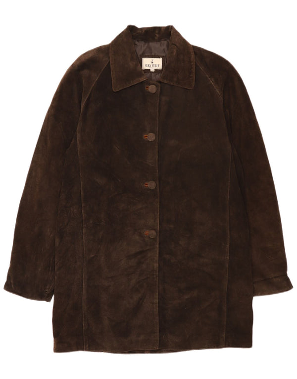 Soprabito oversize in pelle scamosciata vintage da donna UK 2 2XS in pelle marrone
