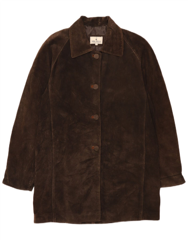 Soprabito oversize in pelle scamosciata vintage da donna UK 2 2XS in pelle marrone