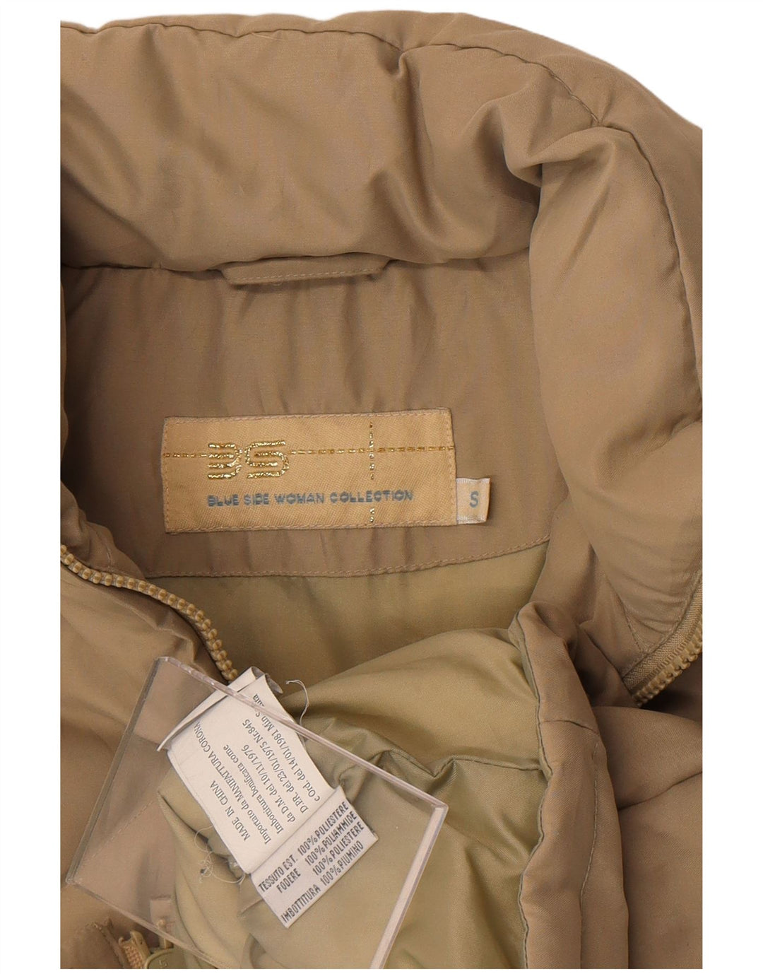 Gilet imbottito con cappuccio da donna con lato blu UK 10 piccolo poliestere beige