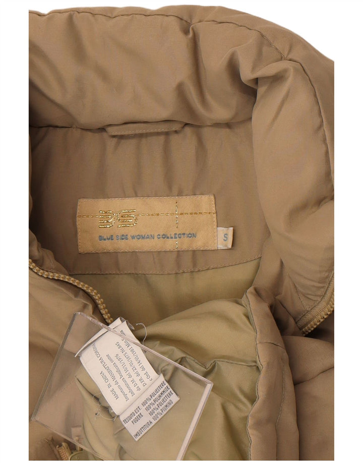 Gilet imbottito con cappuccio da donna con lato blu UK 10 piccolo poliestere beige