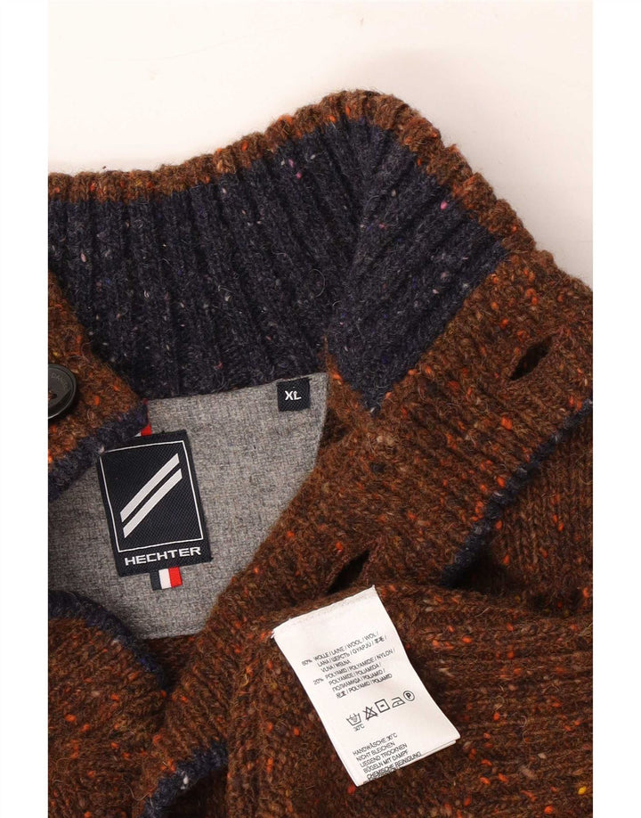 Maglione vintage da uomo con collo a bottoni XL in lana screziata marrone