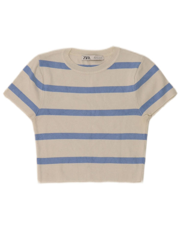 Maglione corto girocollo da donna Zara UK 12 a righe bianche medie
