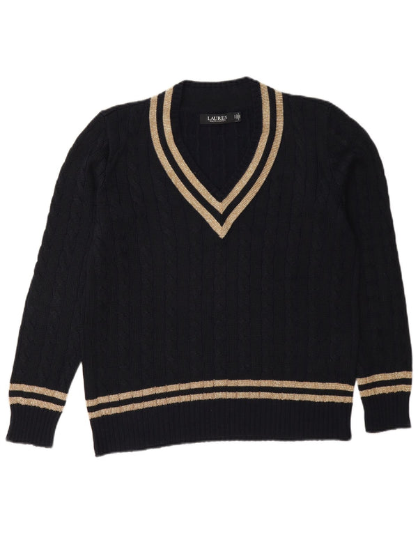 Maglione maglione con scollo a V da donna Ralph Lauren UK 10 piccolo a righe blu navy