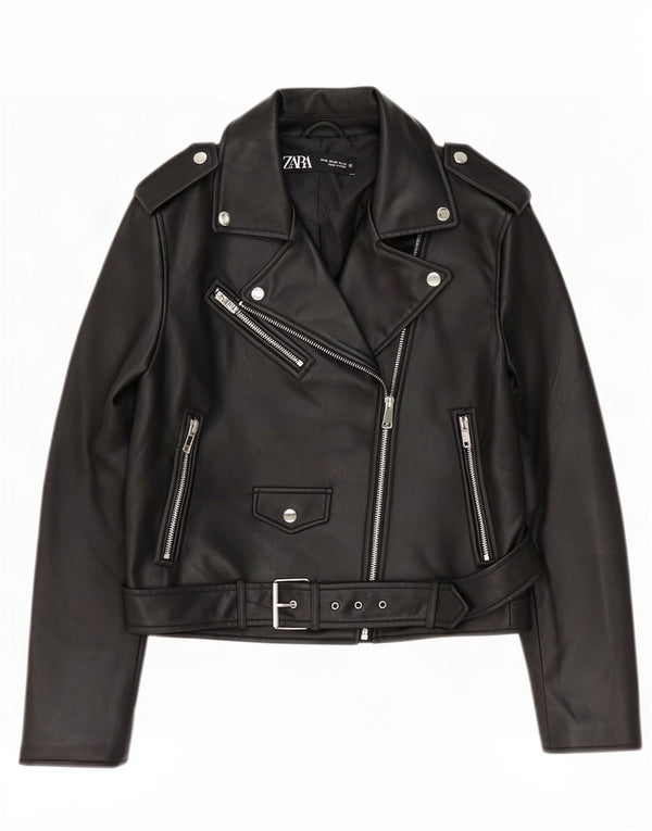Giacca da motociclista da donna in ecopelle Zara UK 18 XL poliestere nero