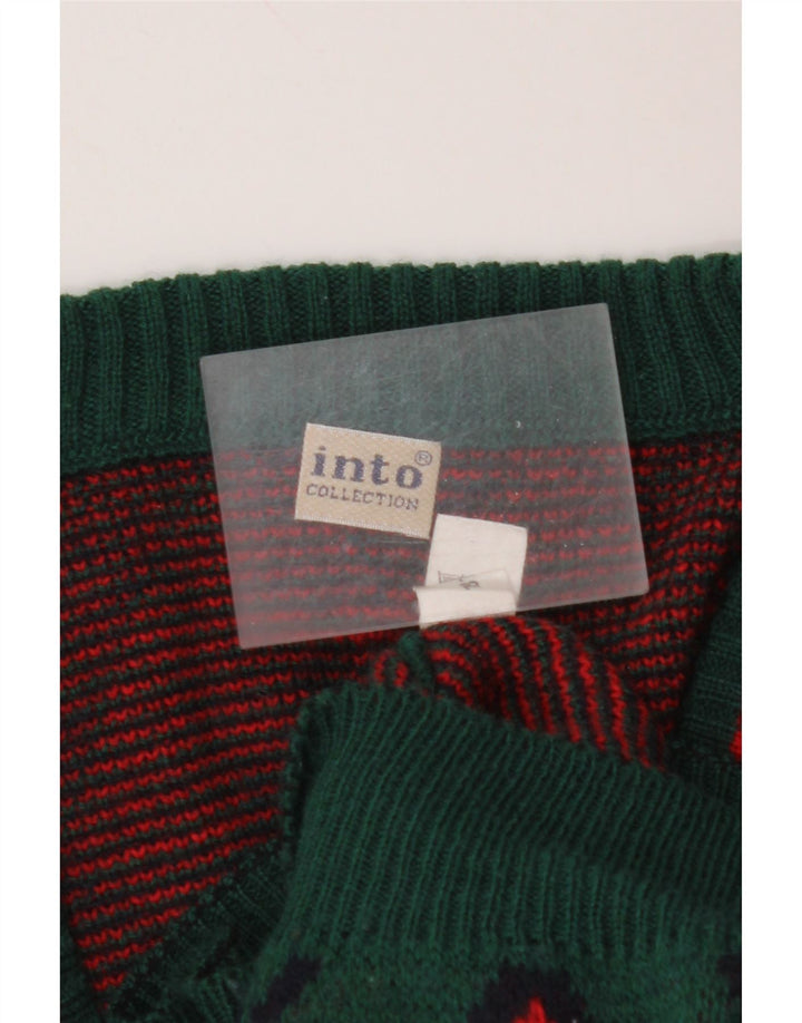 Maglione da uomo VINTAGE con scollo a V, lana verde medio a rombi/diamante