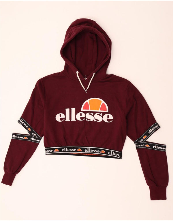 Ellesse, maglione con cappuccio grafico da donna, corto, UK 12, cotone bordeaux medio