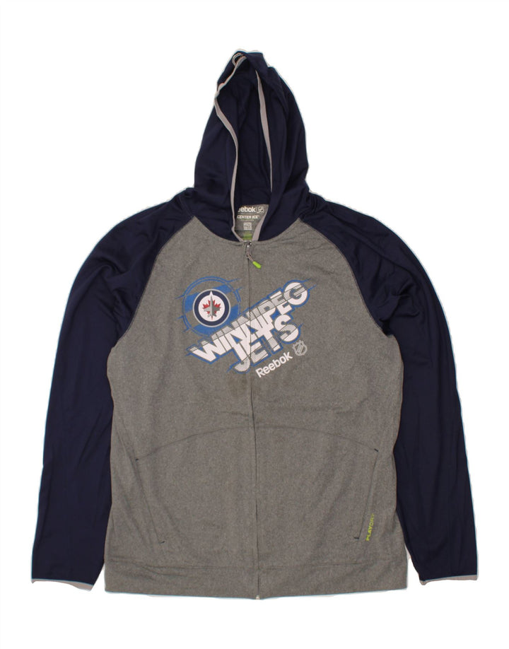 REEBOK Mens Graphic Zip Hoodie Sweater Large Grey Colourblock Polyester Vintage Reebok and Second-Hand Reebok from Messina Hembry 