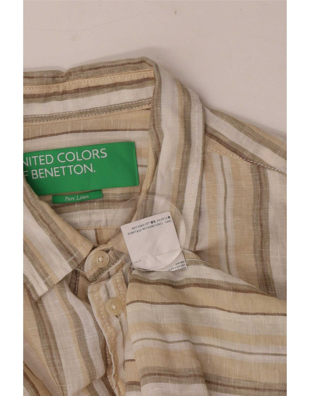 Camicia Benetton Uomo Lino Rigato Beige Medio