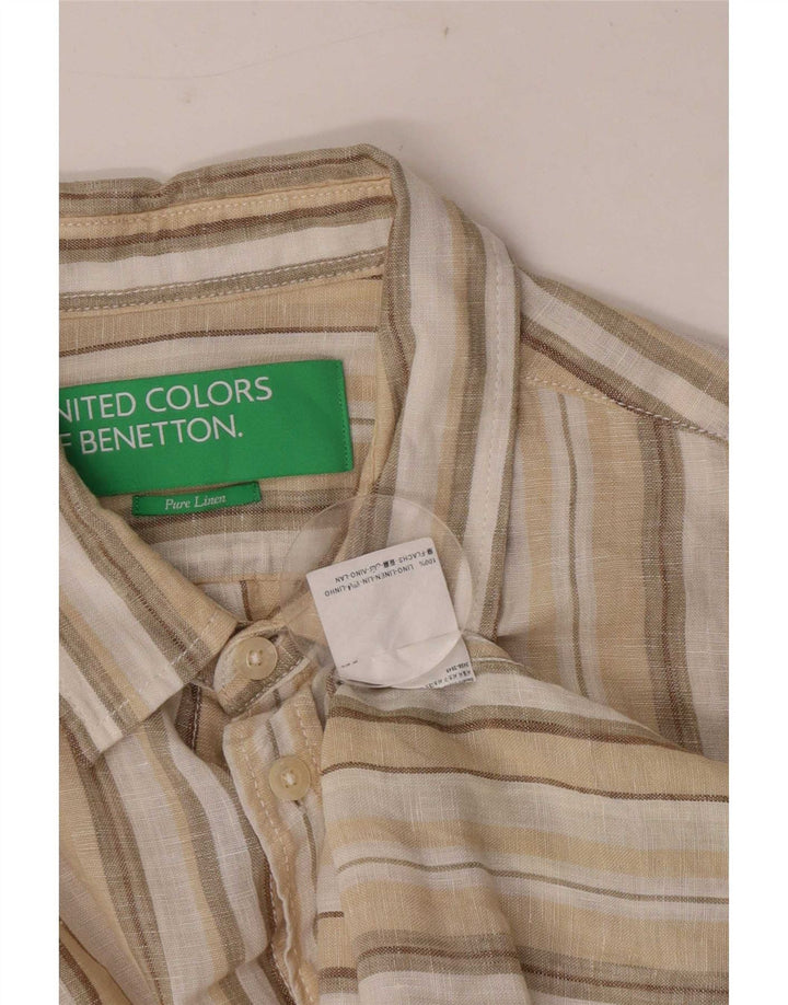 Camicia Benetton Uomo Lino Rigato Beige Medio
