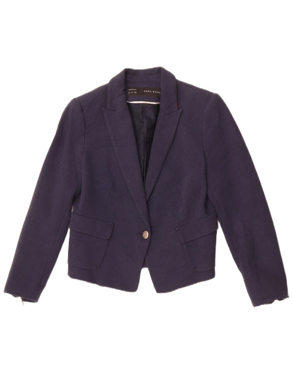 Giacca blazer corta a 1 bottone da donna Zara UK 14 grande in cotone blu navy