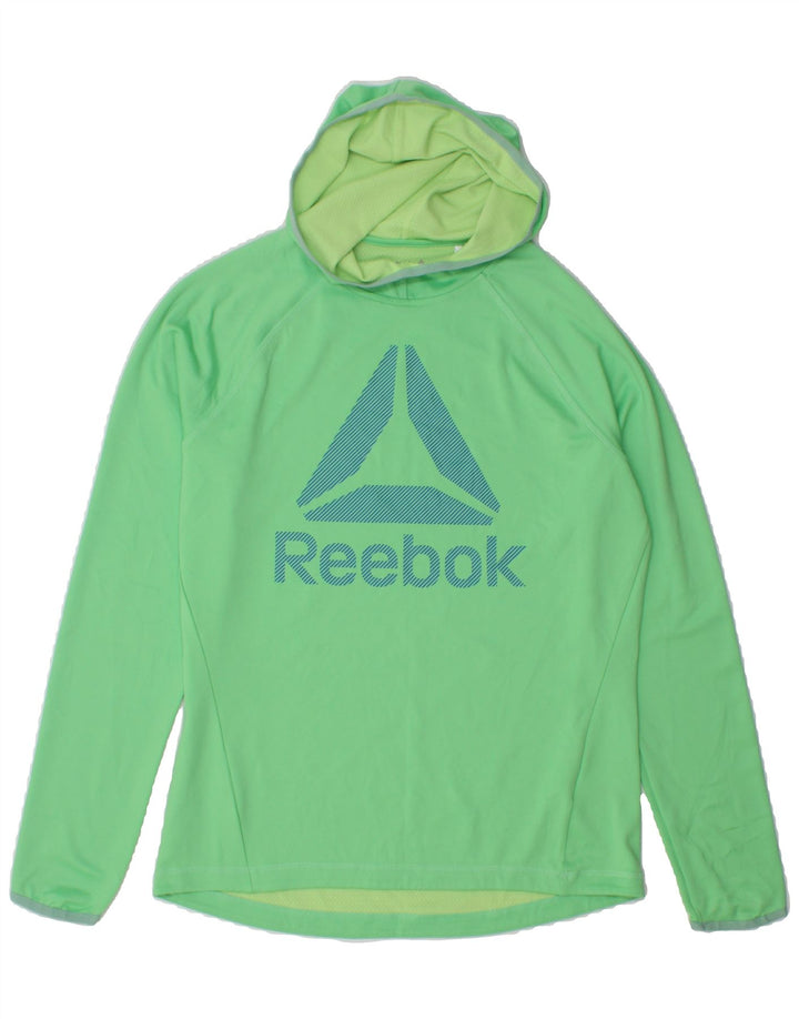 REEBOK Womens Graphic Hoodie Jumper UK 14 Medium Green Polyester Vintage Reebok and Second-Hand Reebok from Messina Hembry 