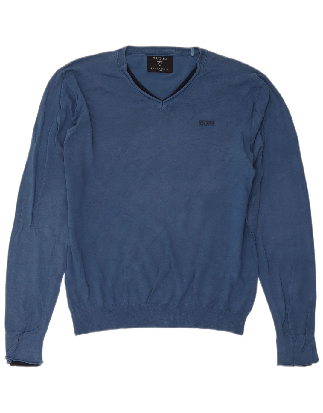 Guess Maglione da uomo con scollo a V grande in cotone blu