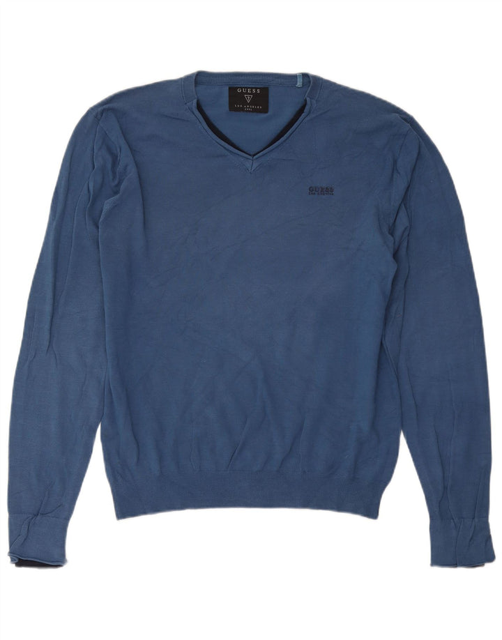 Guess Maglione da uomo con scollo a V grande in cotone blu