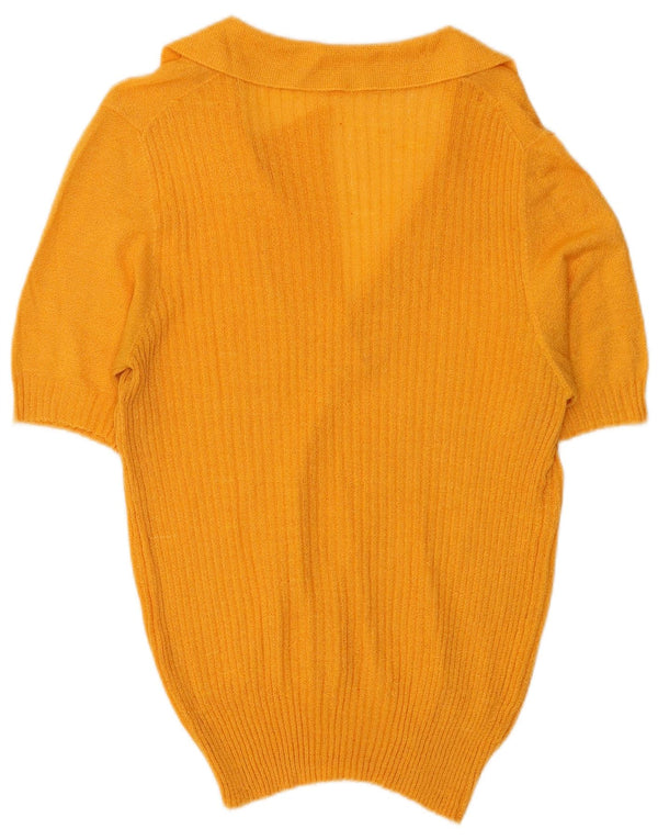 Maglione vintage da donna a maniche corte con collo a polo UK 10 piccolo giallo