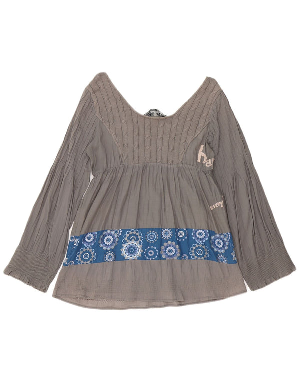 Desigual Donna Graphic Manica Lunga Camicetta Top UK 16 Large Grigio Geometrico