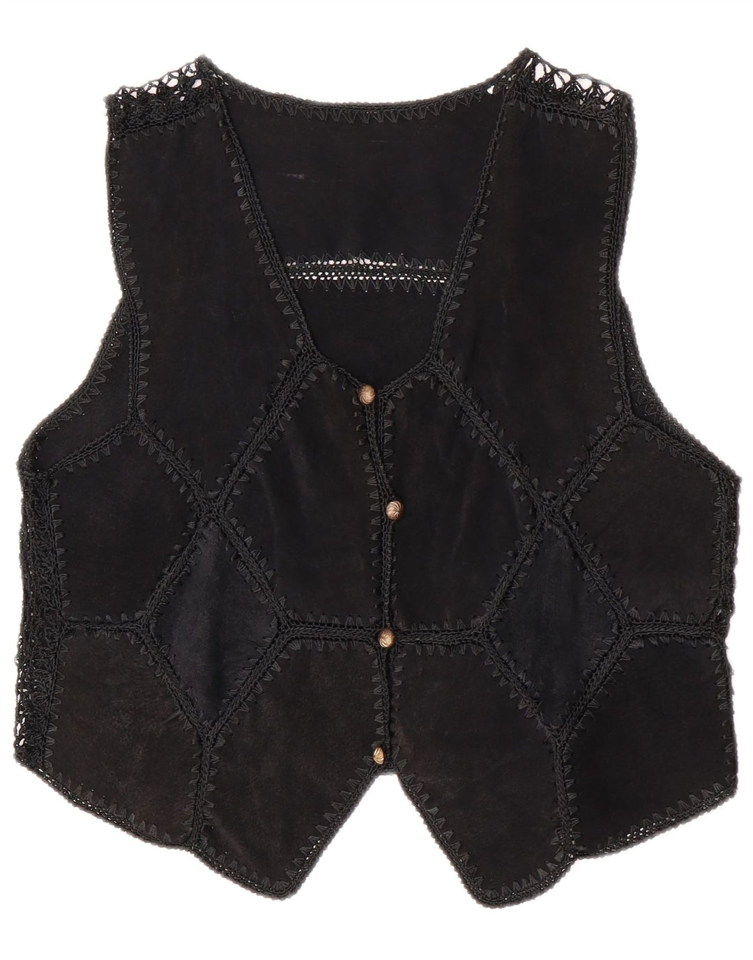 Gilet vintage da donna in pelle scamosciata corta UK 14 Patchwork medio nero
