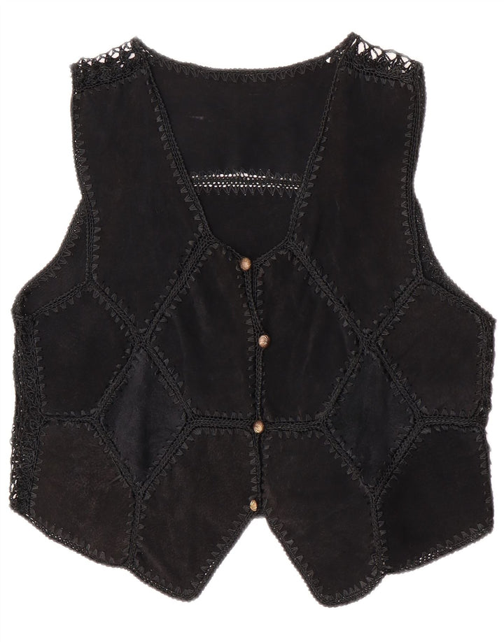 Gilet vintage da donna in pelle scamosciata corta UK 14 Patchwork medio nero