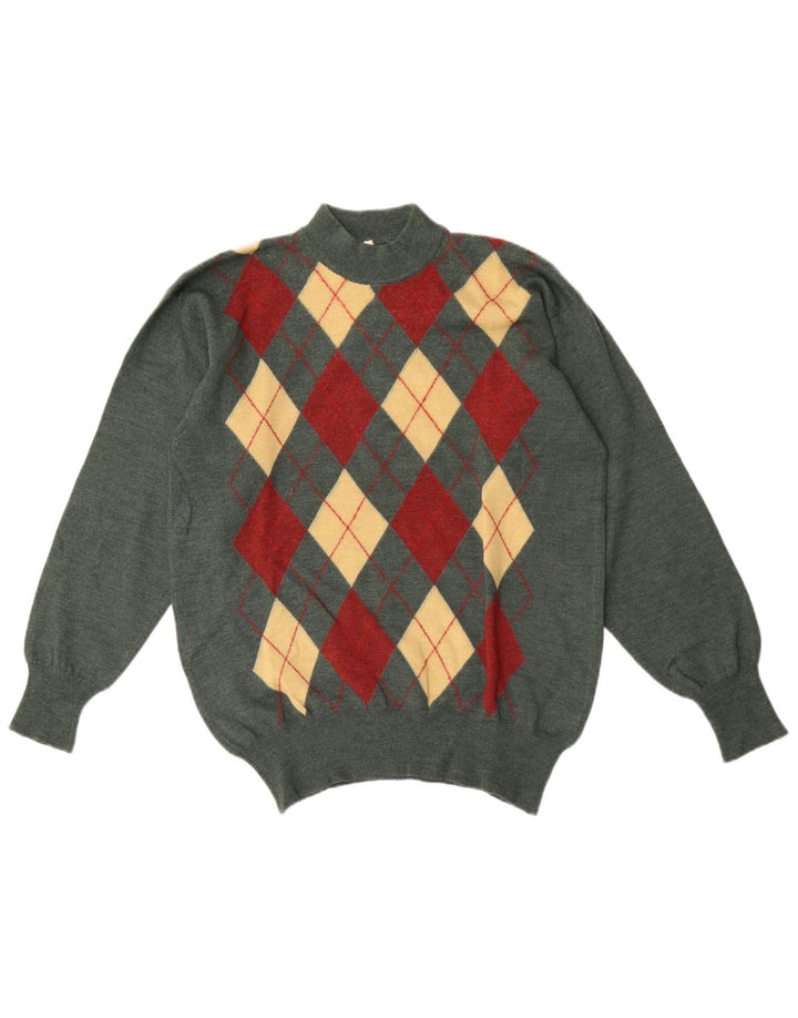 Maglione vintage da uomo con collo alto e collo alto IT 50 verde medio a rombi/diamante
