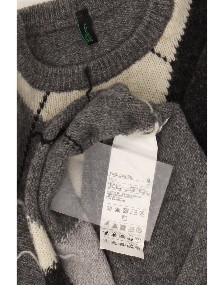 Maglione maglione girocollo da donna Benetton UK 10 piccolo grigio a rombi/diamante