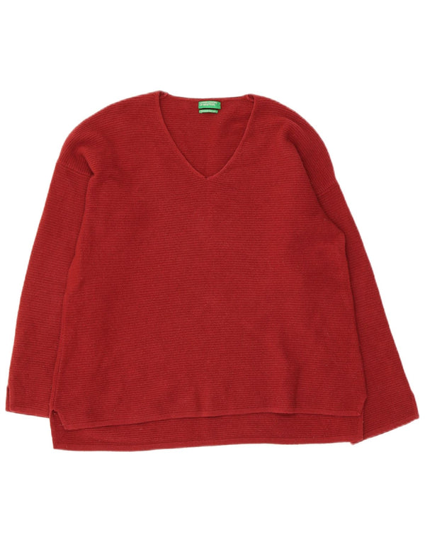 Maglione da donna con scollo a V Benetton UK 10 piccolo rosso in lana vergine