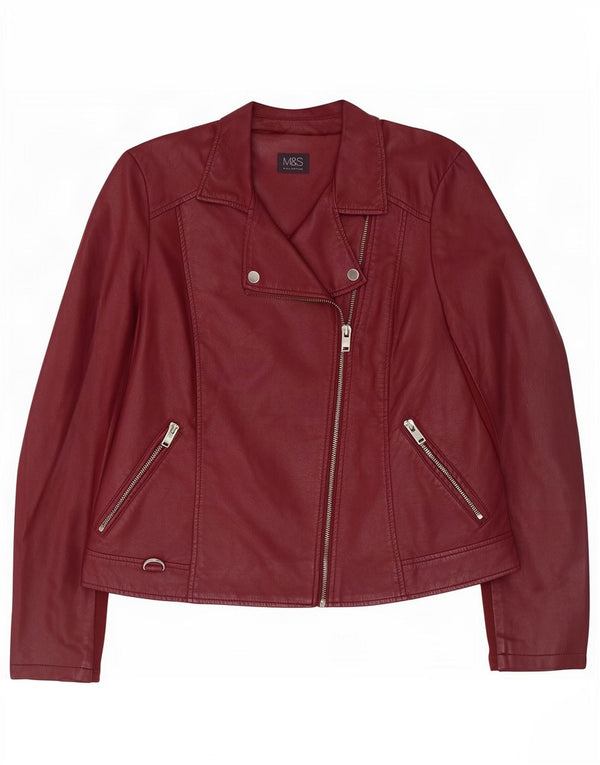 Giacca da motociclista in ecopelle Marks & Spencer da donna UK 14 grande bordeaux
