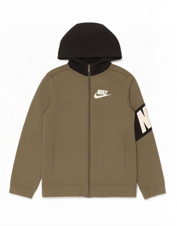 Felpa con cappuccio e zip grafica Nike da ragazzo, 8-9 anni, piccola color kaki