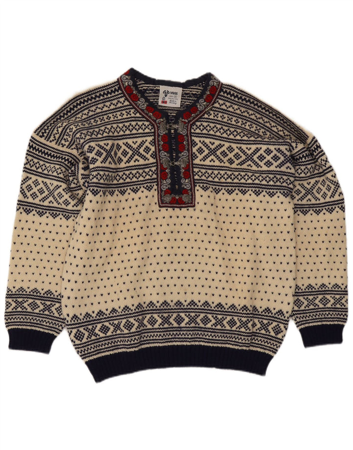 Maglione Voss da uomo unisex con scollo a V, lana Fair Isle, colore bianco sporco medio