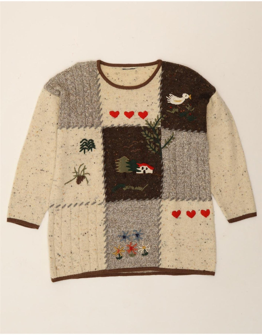 Maglione maglione girocollo da donna vintage UK 16 Novità patchwork beige grande