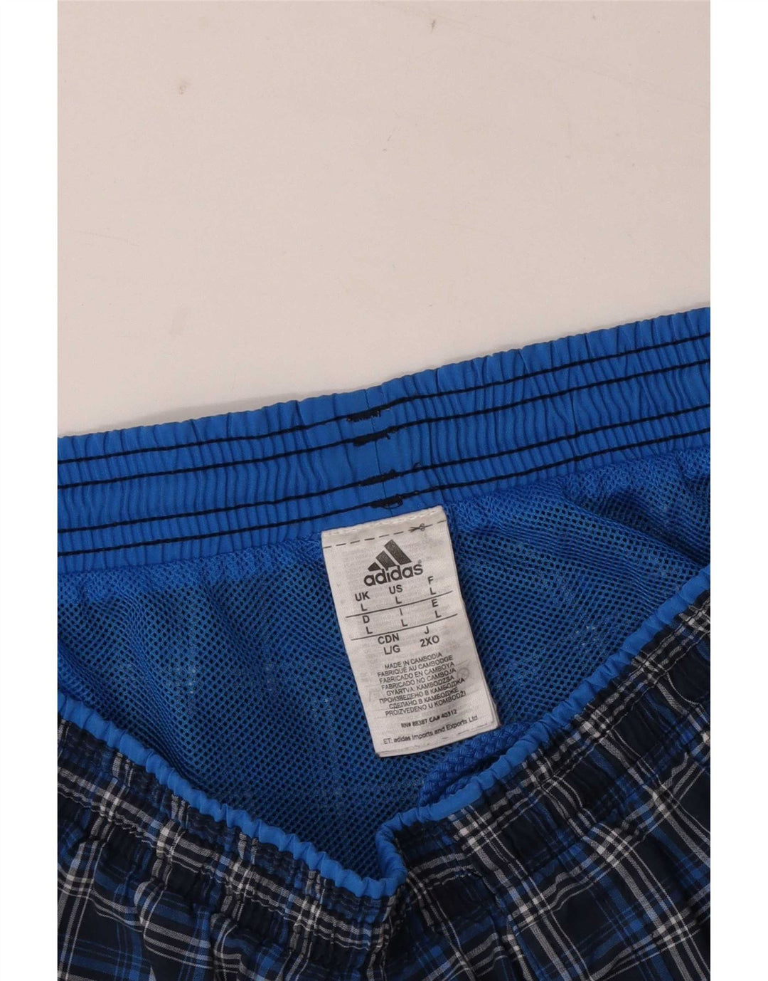 Pantaloncini da bagno da uomo Adidas grandi in poliestere a quadri blu navy