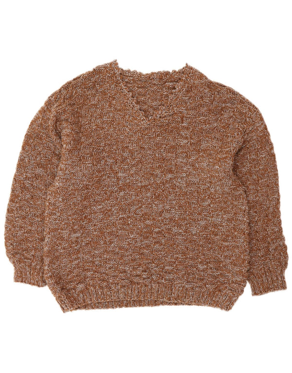 Maglione maglione con scollo a V da donna VINTAGE UK 16 grande marrone screziato