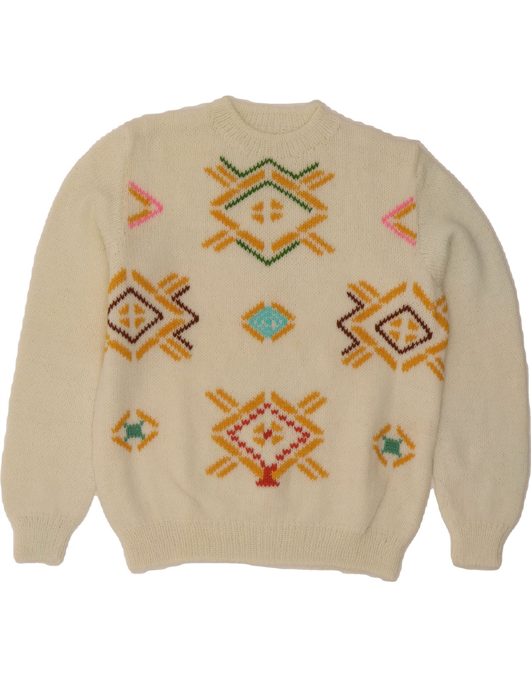 VINTAGE Womens Crew Neck Jumper Sweater UK 12 Medium White Argyle/Diamond Vintage Vintage and Second-Hand Vintage from Messina Hembry 
