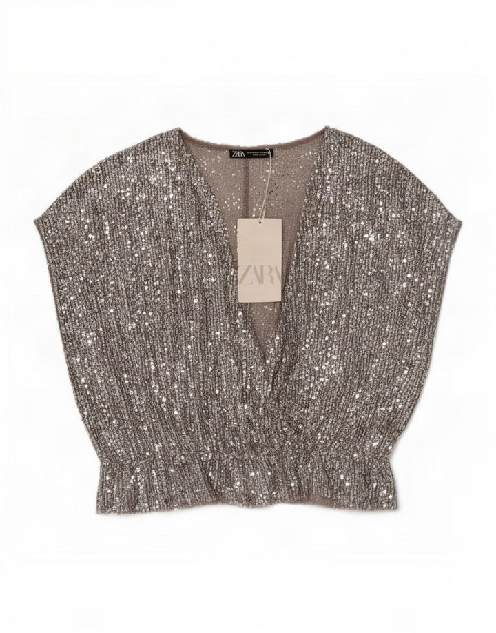 Top in camicetta da donna Zara UK 12 poliestere argento medio
