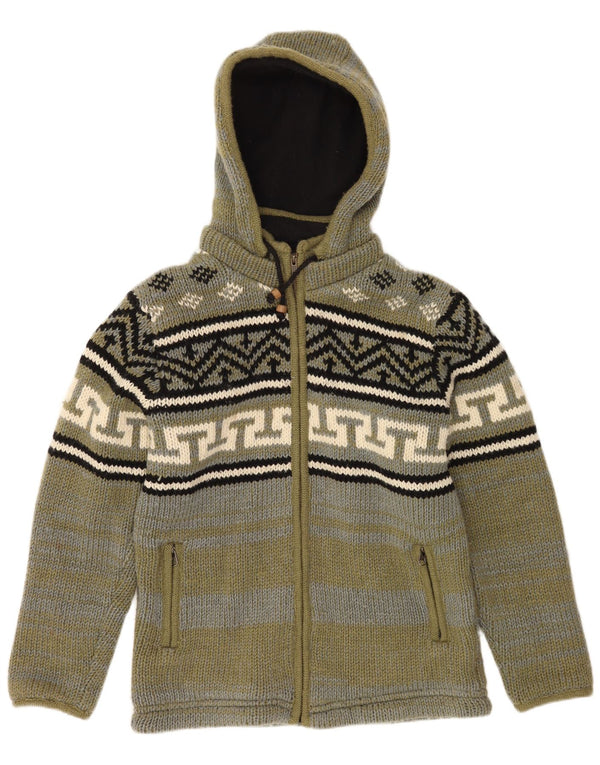 VINTAGE Mens Hooded Cardigan Sweater Medium Khaki Fair Isle Wool