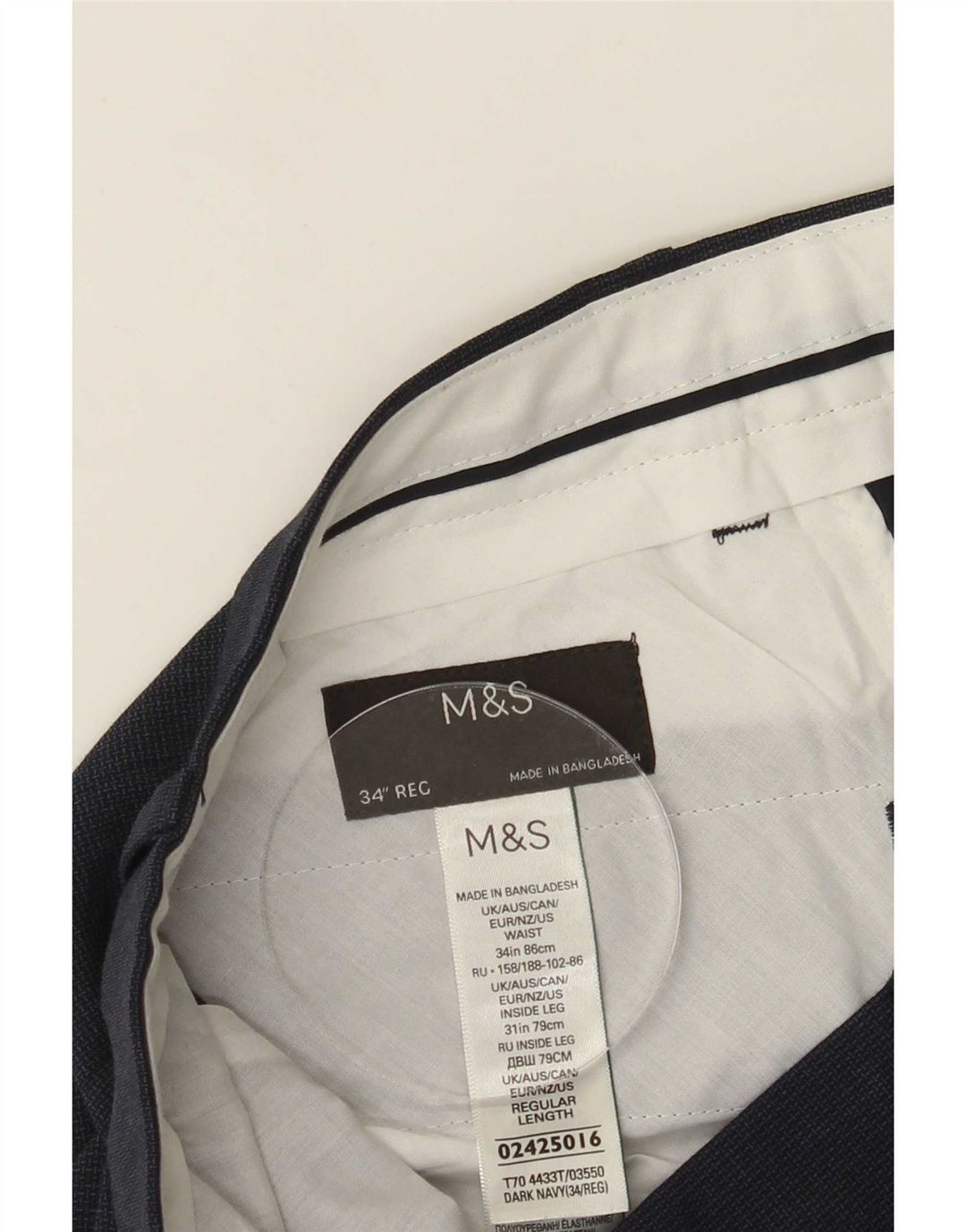 Pantaloni da abito regolari da uomo Marks & Spencer W34 L30 poliestere blu navy