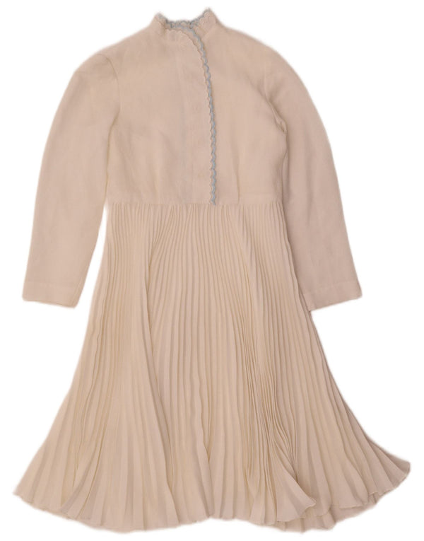 Abito a trapezio con maniche a 3/4 da donna vintage UK 4 XS Poliestere a quadri beige