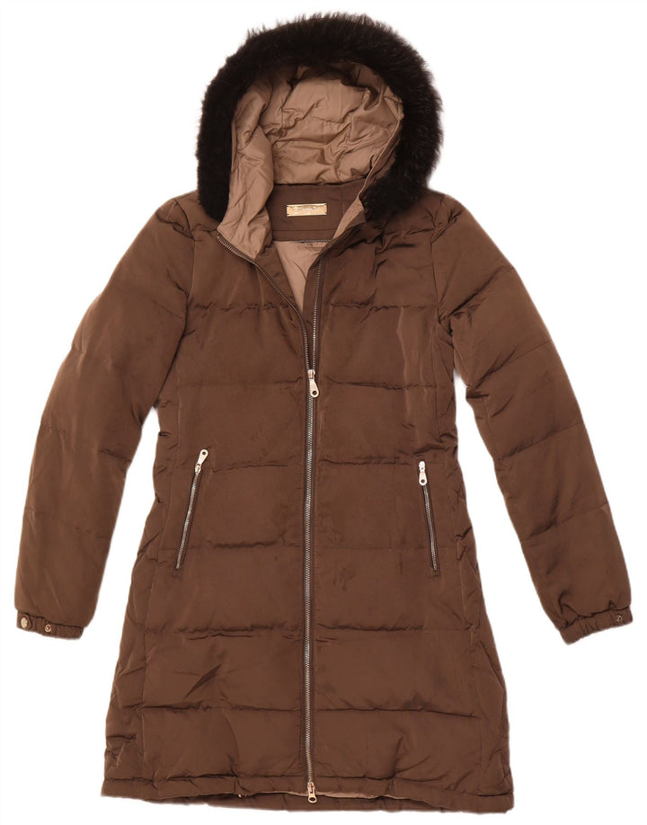 MASSIMO DUTTI Cappotto imbottito con cappuccio da donna UK 10 piccolo poliestere marrone