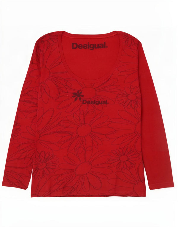 Desigual Donna Graphic Top Manica Lunga UK 14 Grande Rosso Floreale Cotone
